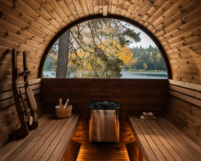 Útulná dřevěná sauna s výhledem na jezero