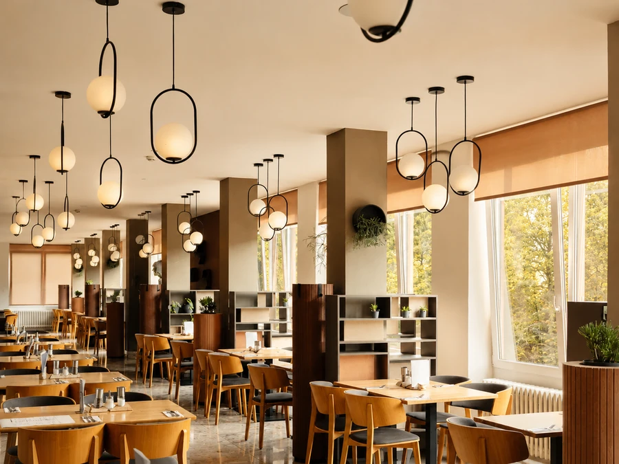 Moderní prosluněná restaurace s dřevěným interiérem